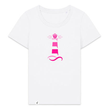 Weißes Damen T-Shirt aus der Geev Acht op di Kollektion mit Leuchtturm Motiv.