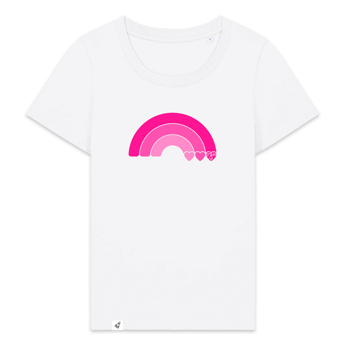 Weißes Damen T-Shirt aus der Geev Acht op di Kollektion mit Regenbogen Motiv.