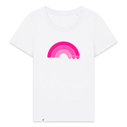 Weißes Damen T-Shirt aus der Geev Acht op di Kollektion mit Regenbogen Motiv.