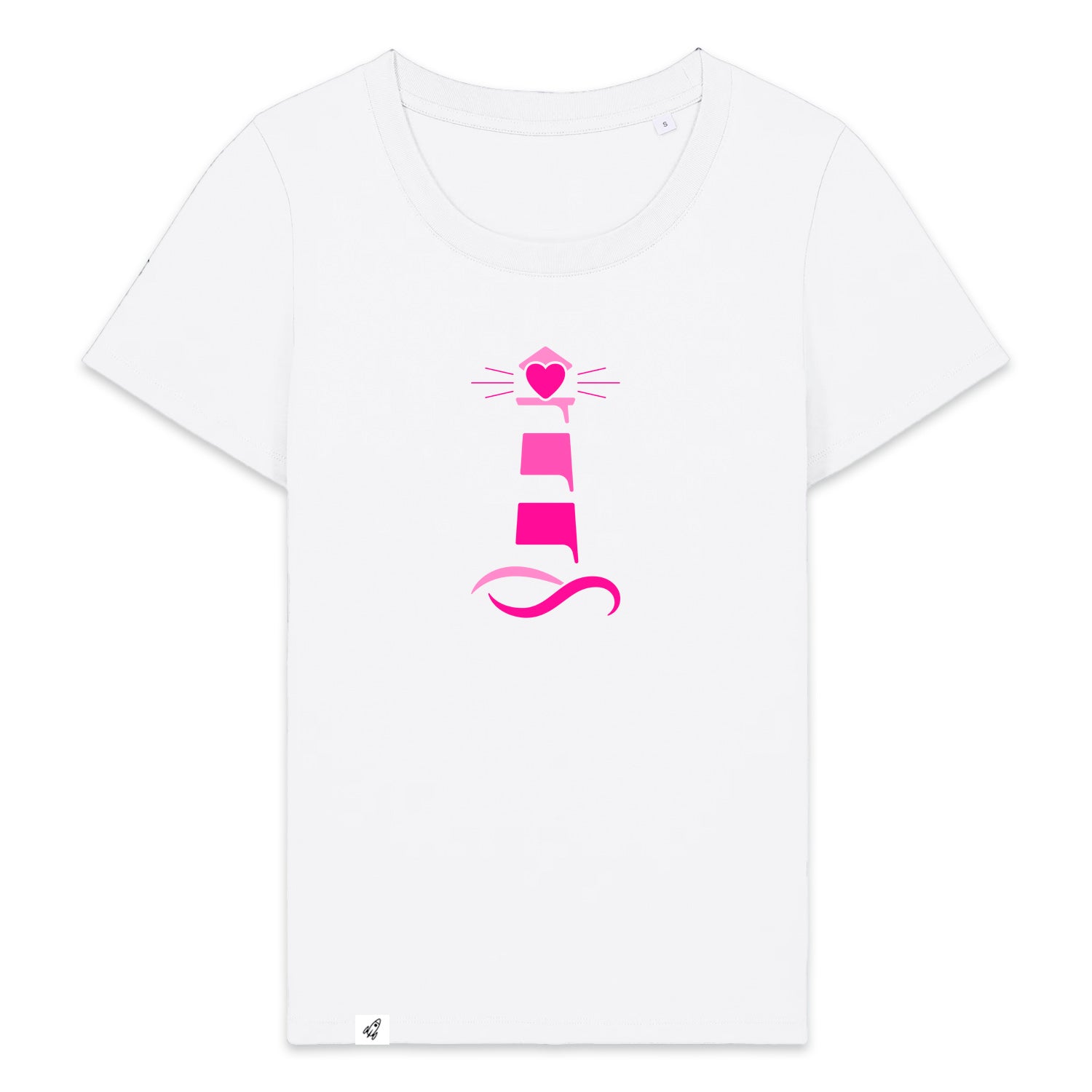 Weißes Damen T-Shirt aus der Pinktober Kollektion mit Leuchtturm Motiv.