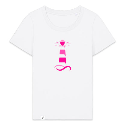 Weißes Damen T-Shirt aus der Pinktober Kollektion mit Leuchtturm Motiv.
