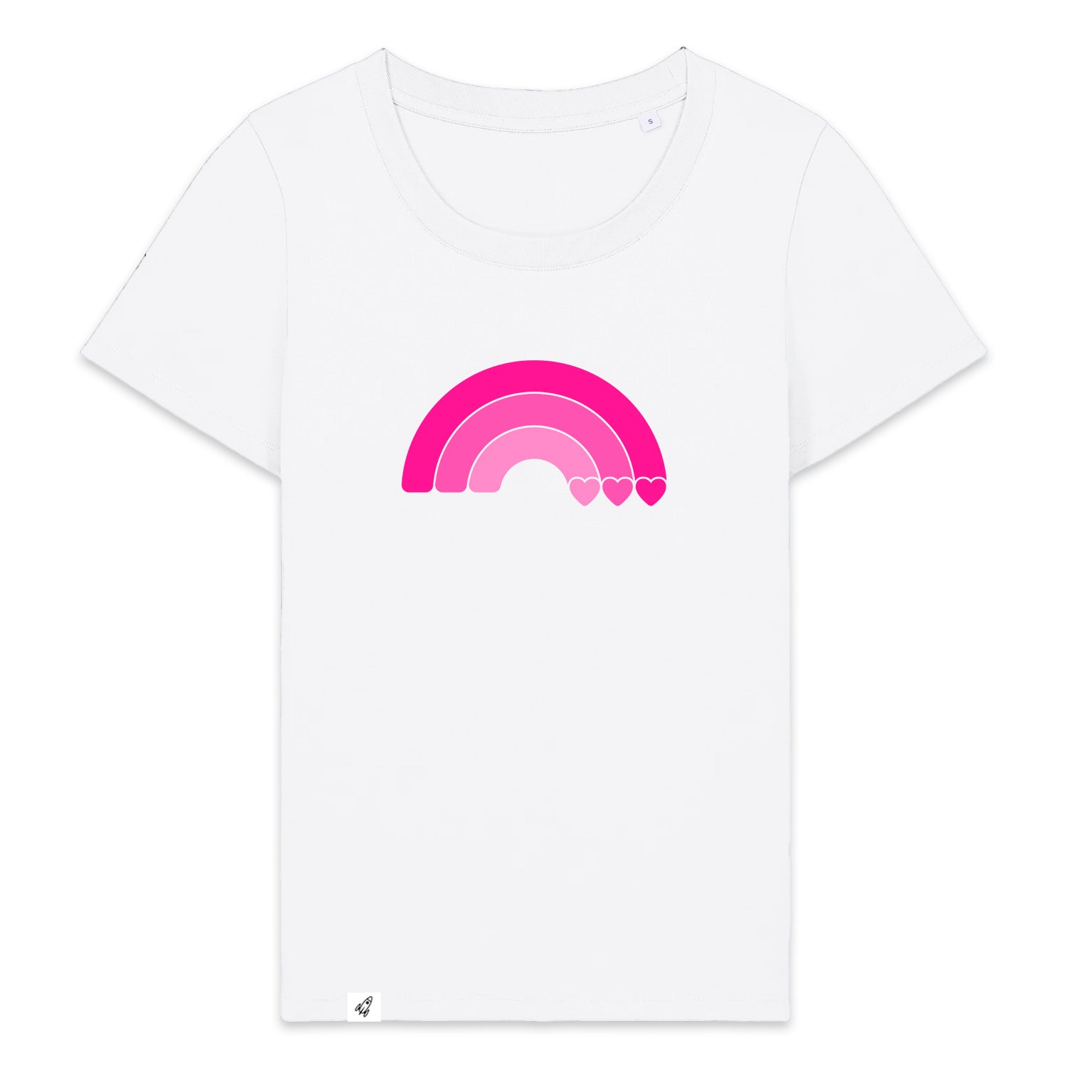 Weißes Damen T-Shirt aus der Pinktober Kollektion mit Regenbogen Motiv.