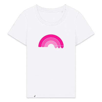 Weißes Damen T-Shirt aus der Pinktober Kollektion mit Regenbogen Motiv.