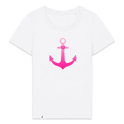 Weißes Damen T-Shirt aus der Pinktober Kollektion mit Anker Motiv.