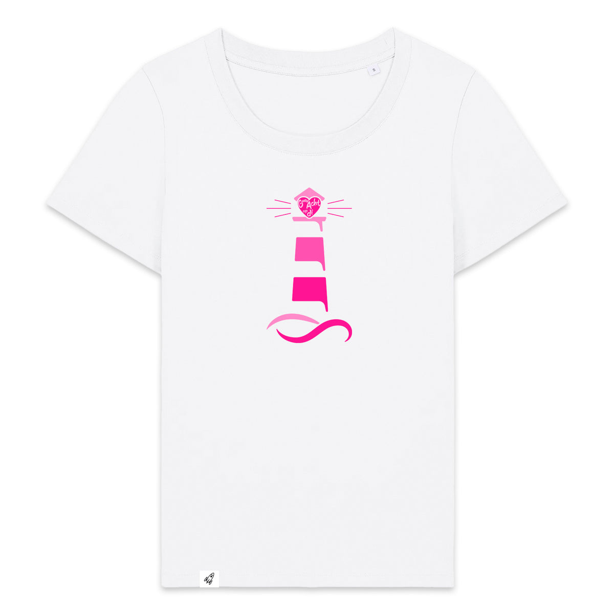 Weißes Damen T-Shirt aus der Pinktober Kollektion mit Leuchtturm Motiv.