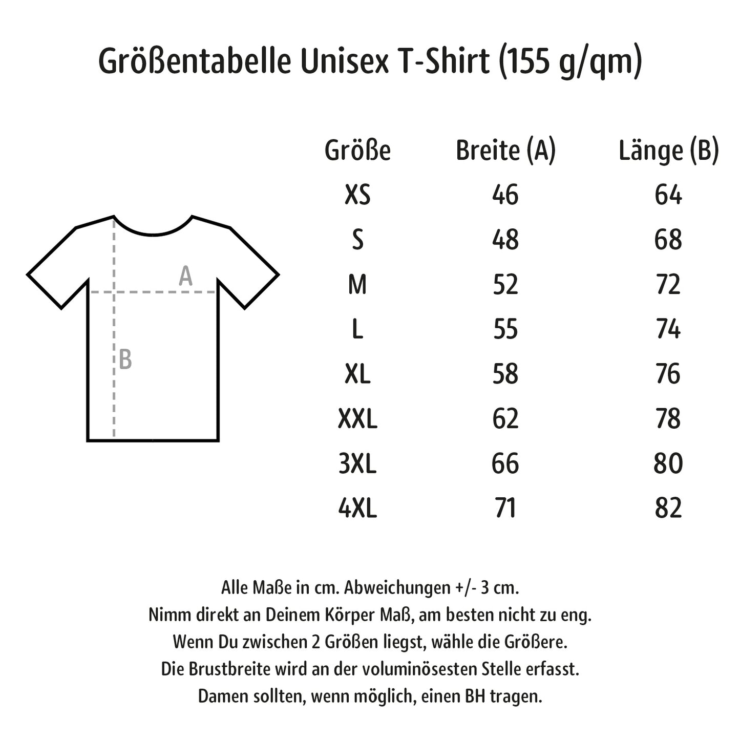Größentabelle für das Unisex T-Shirt mit der Grammatur 155 h/qm.