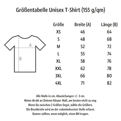 Größentabelle für das Unisex T-Shirt mit der Grammatur 155 h/qm.