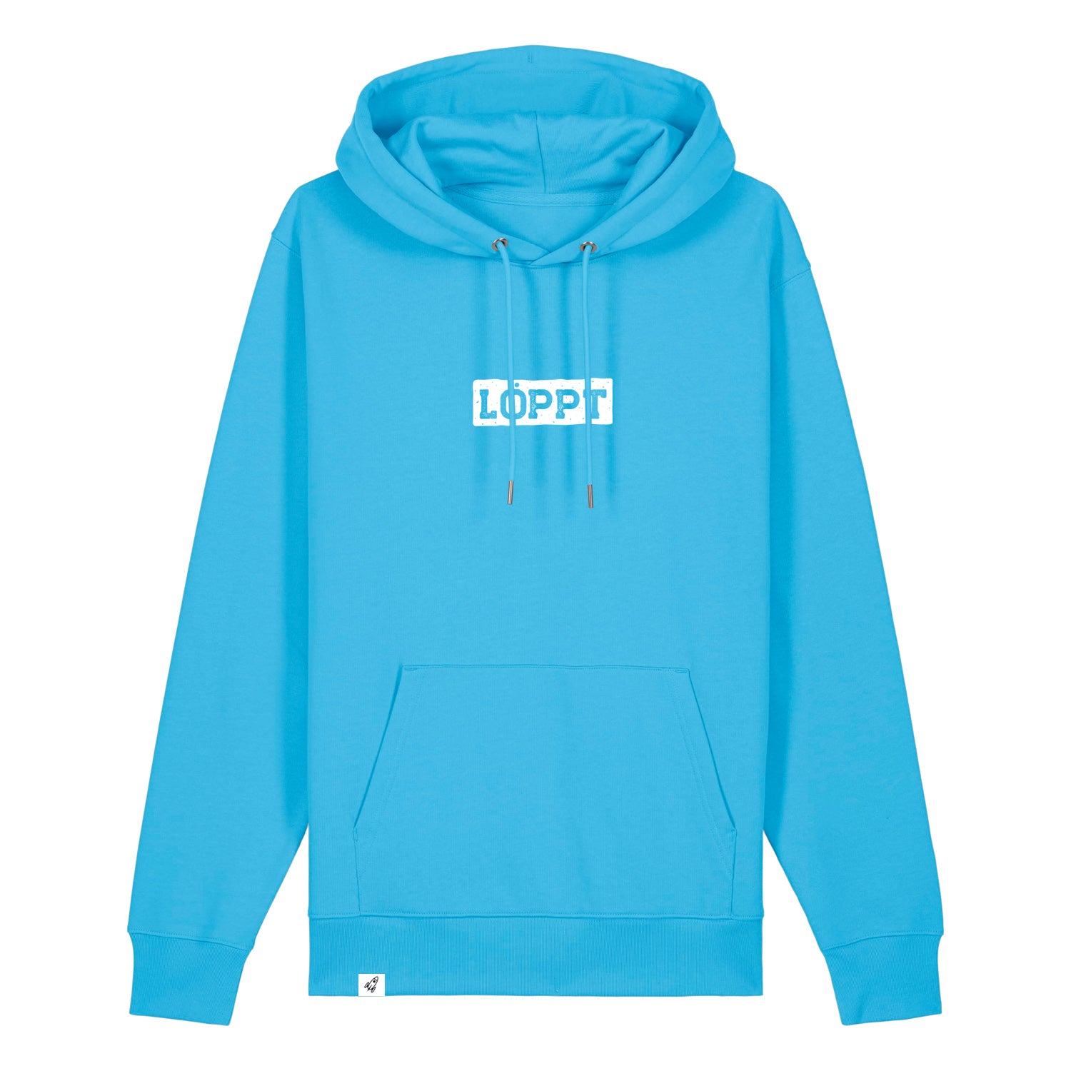 Hellblauer Hoodie mit dem Spruch Löppt auf der Brust.
