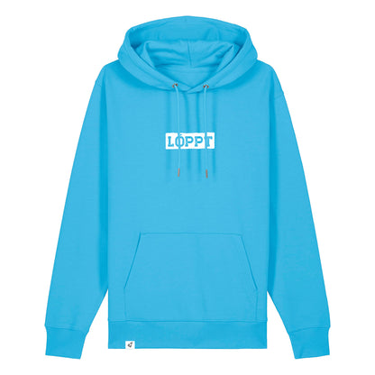Hellblauer Hoodie mit dem Spruch Löppt auf der Brust.