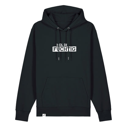 Schwarzer Hoodie mit dem Spruch Hol di Fuchtig auf der Brust.