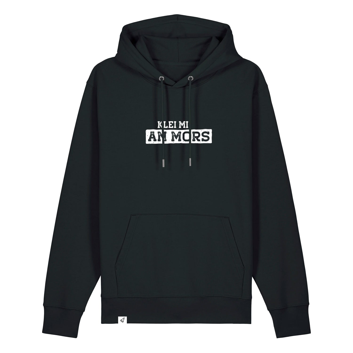 Schwarzer Hoodie mit dem Spruch Klei mi an Mors auf der Brust.