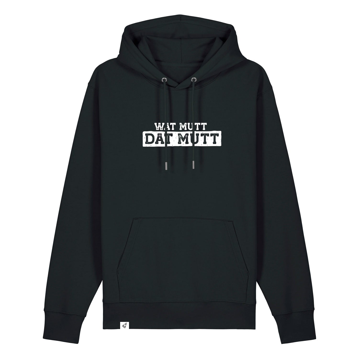 Schwarzer Hoodie mit dem Spruch Wat mutt dat mut auf der Brust.