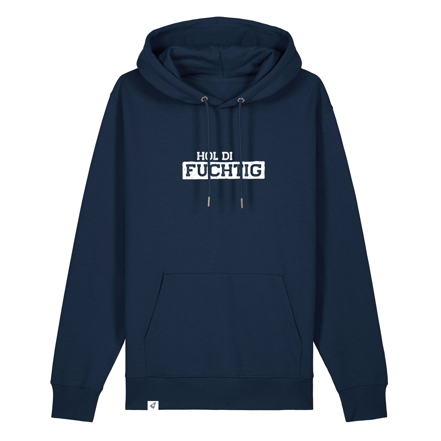 Dunkelblauer Hoodie mit dem Spruch Hol di Fuchtig auf der Brust.