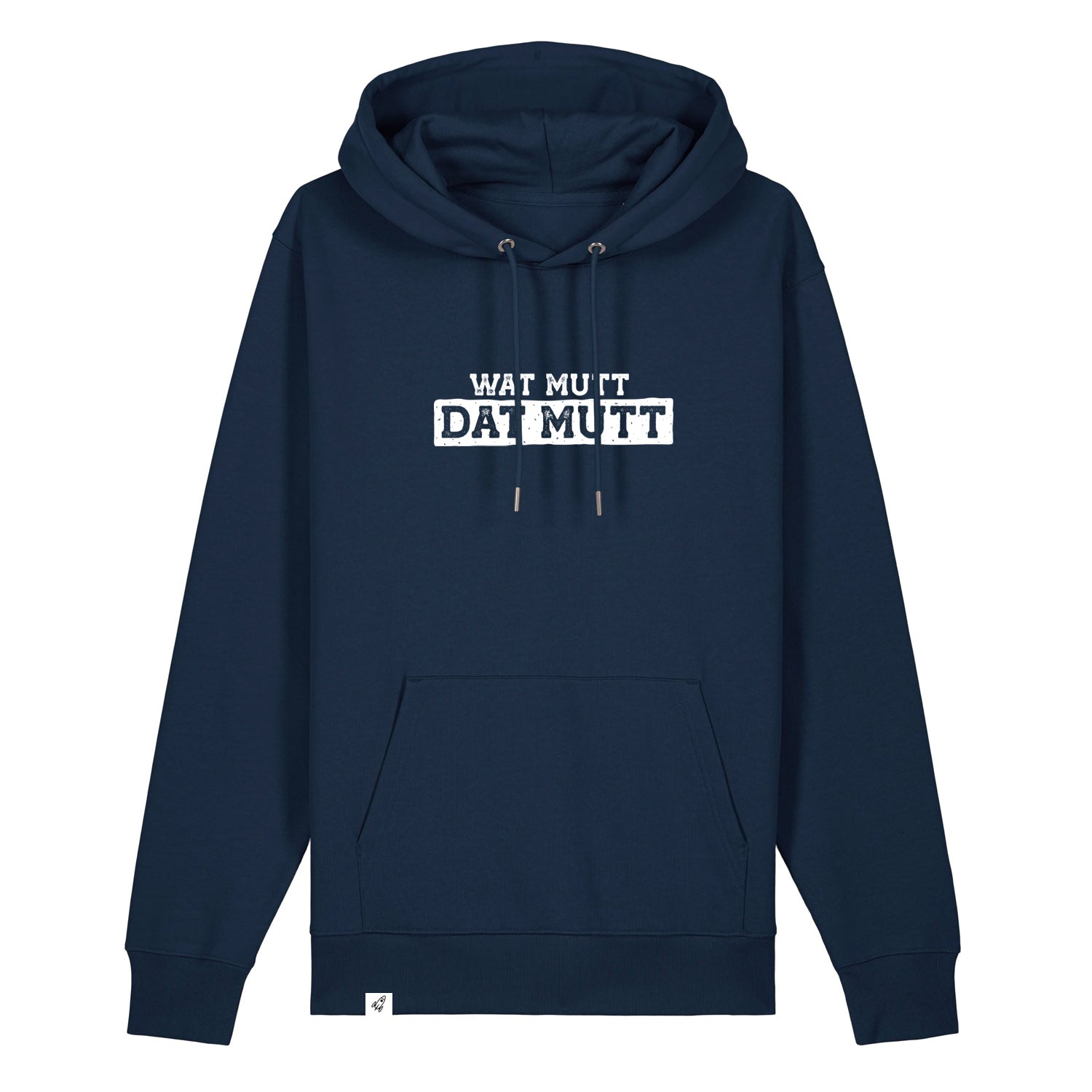 Dunkelblauer Hoodie mit dem Spruch Wat mutt dat mut auf der Brust.