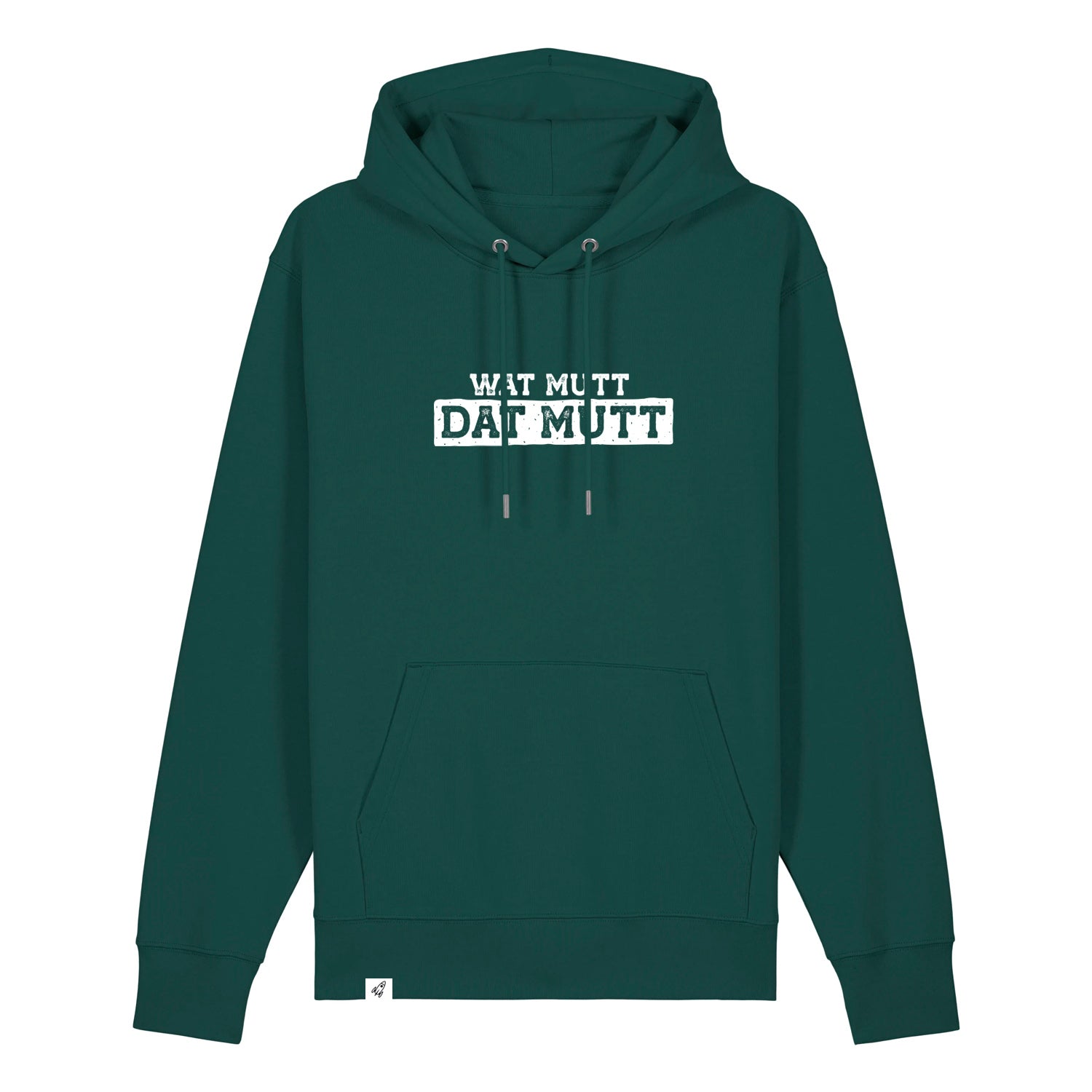 Dunkelgrüner Hoodie mit dem Spruch Wat mutt dat mut auf der Brust.