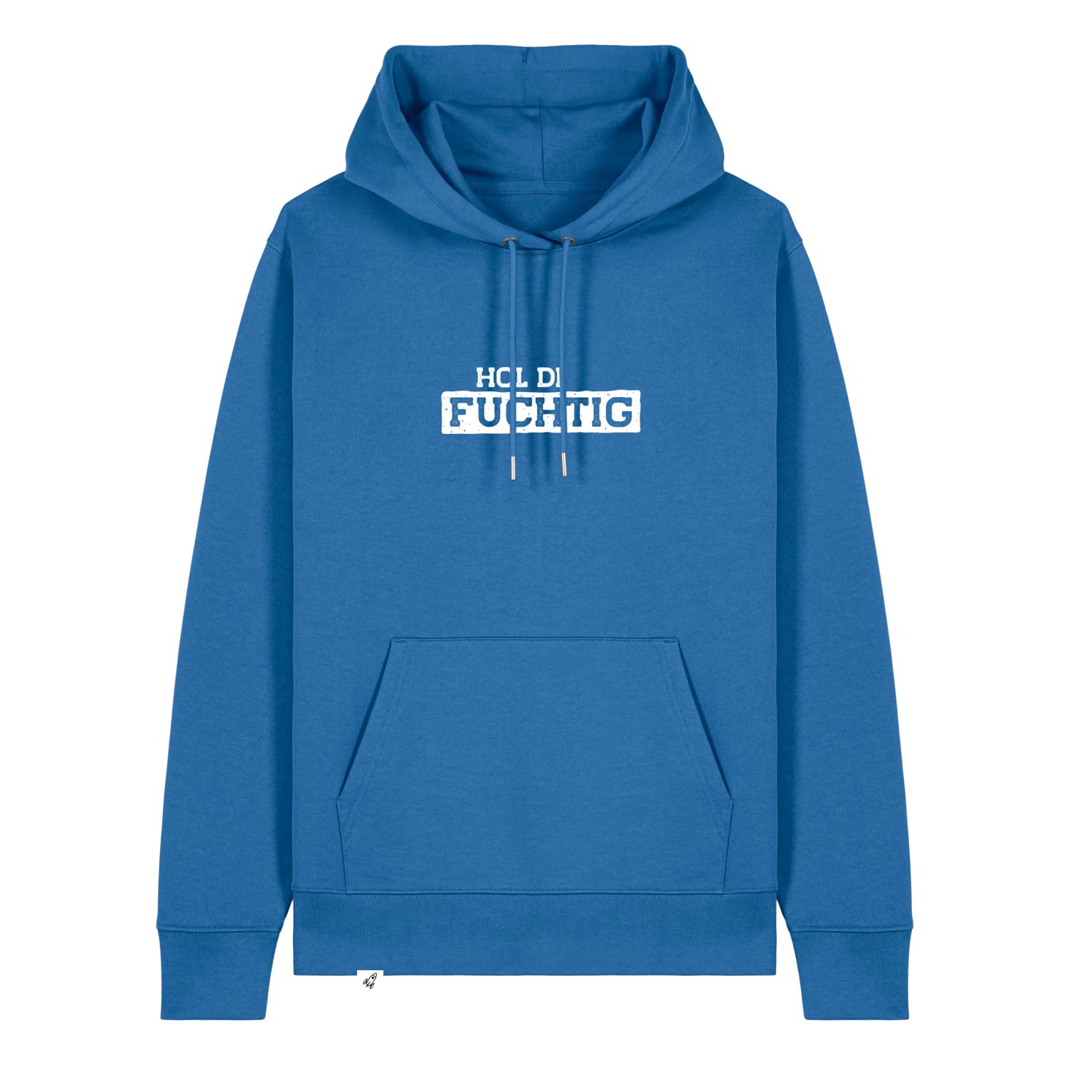 Blauer Hoodie mit dem Spruch Hol di Fuchtig auf der Brust.