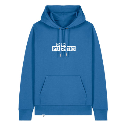 Blauer Hoodie mit dem Spruch Hol di Fuchtig auf der Brust.