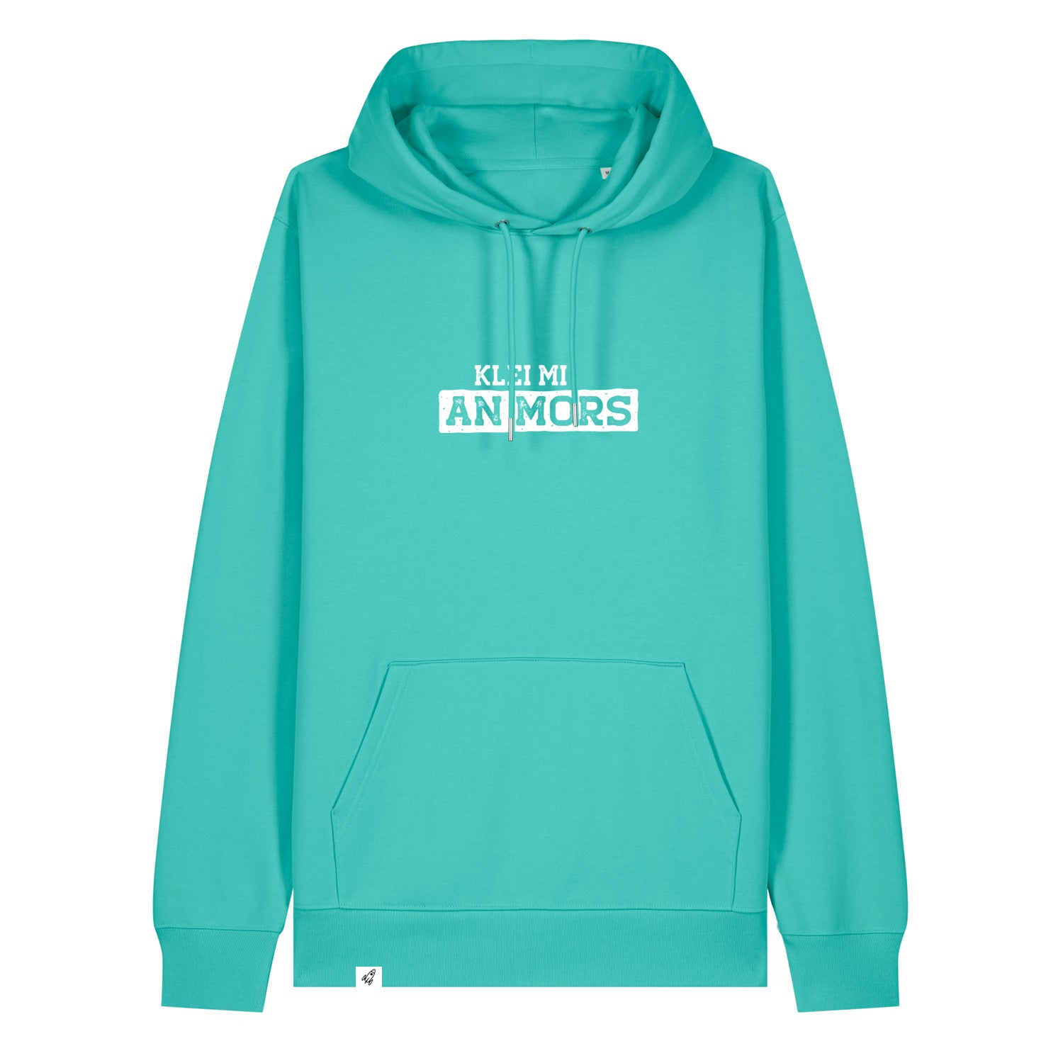Hellblauer Hoodie mit dem Spruch Klei mi an Mors auf der Brust.