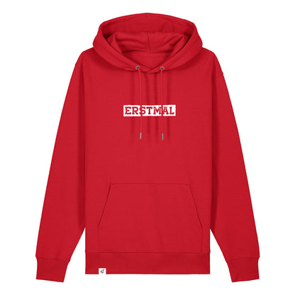 Roter Hoodie mit dem Spruch Erstmal auf der Brust.