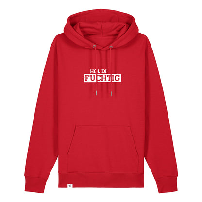 Roter Hoodie mit dem Spruch Hol di Fuchtig auf der Brust.