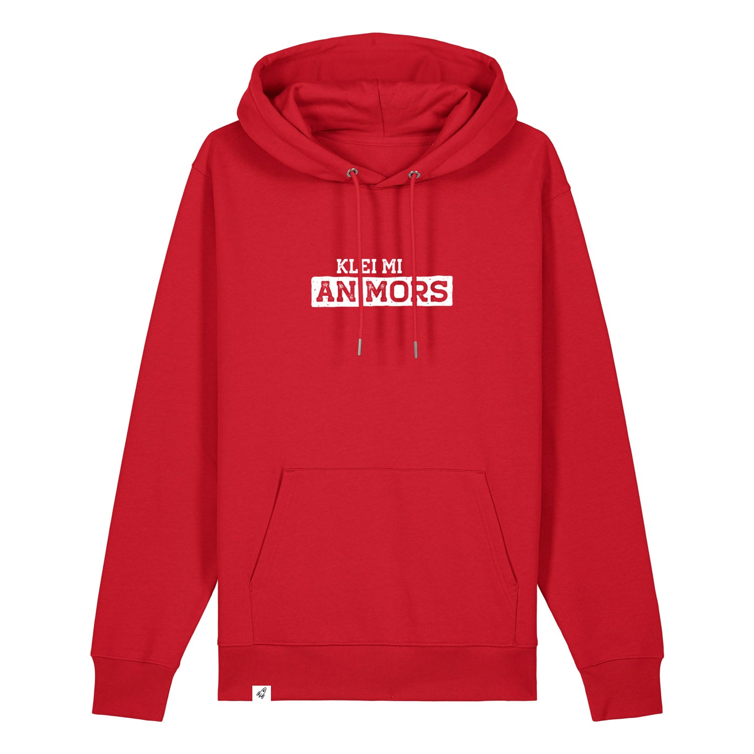 Roter Hoodie mit dem Spruch Klei mi an Mors auf der Brust.