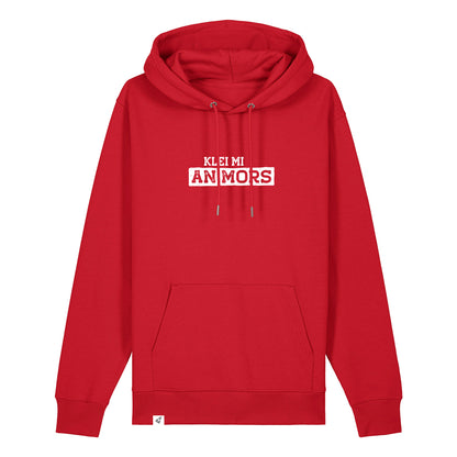 Roter Hoodie mit dem Spruch Klei mi an Mors auf der Brust.