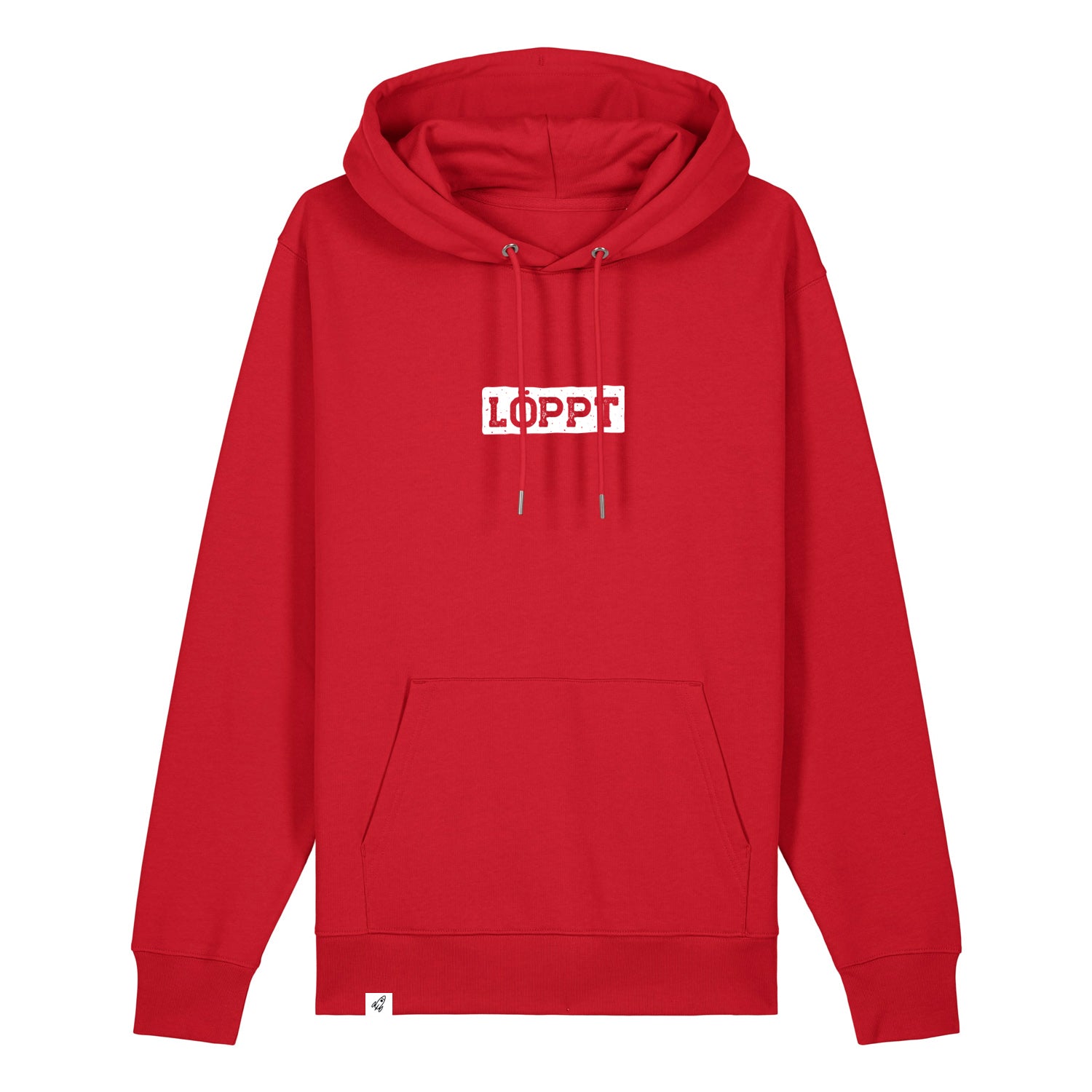 Roter Hoodie mit dem Spruch Löppt auf der Brust.