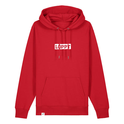 Roter Hoodie mit dem Spruch Löppt auf der Brust.