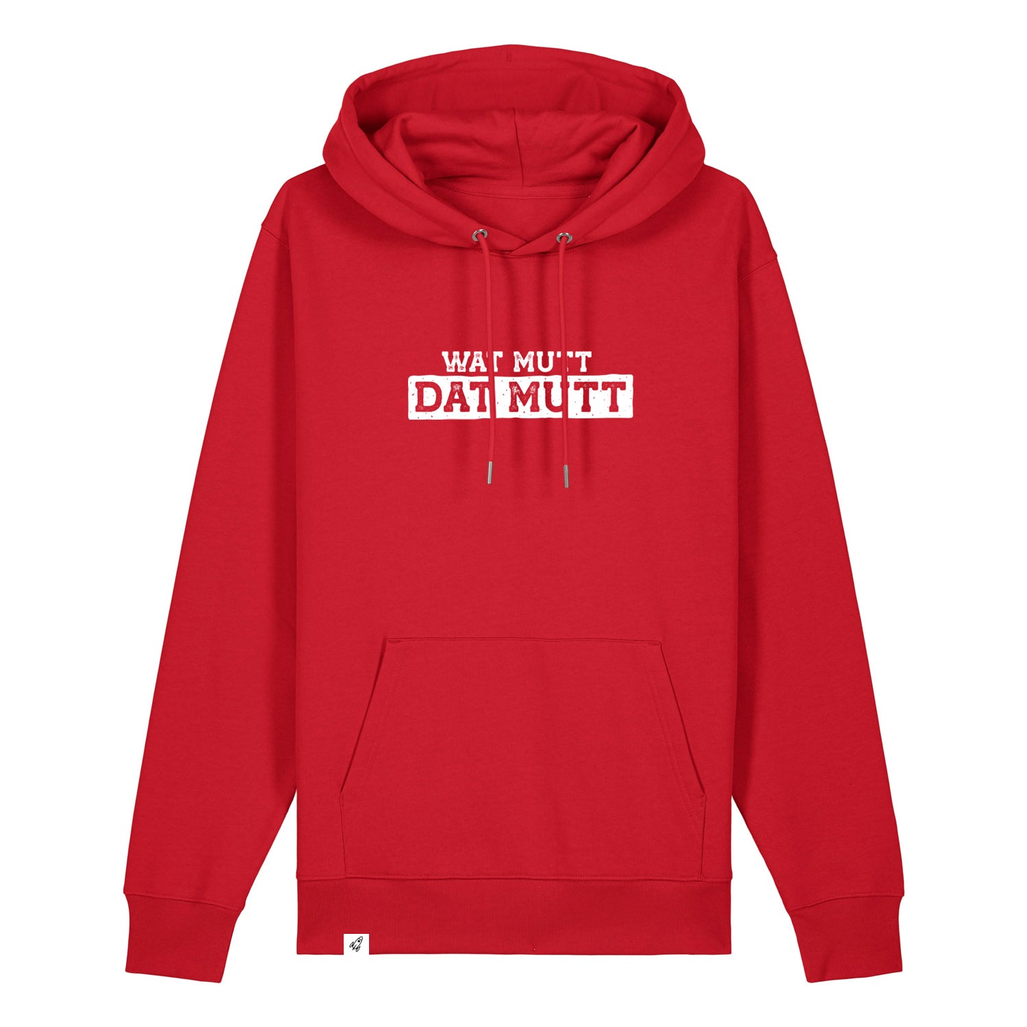 Roter Hoodie mit dem Spruch Wat mutt dat mut auf der Brust.