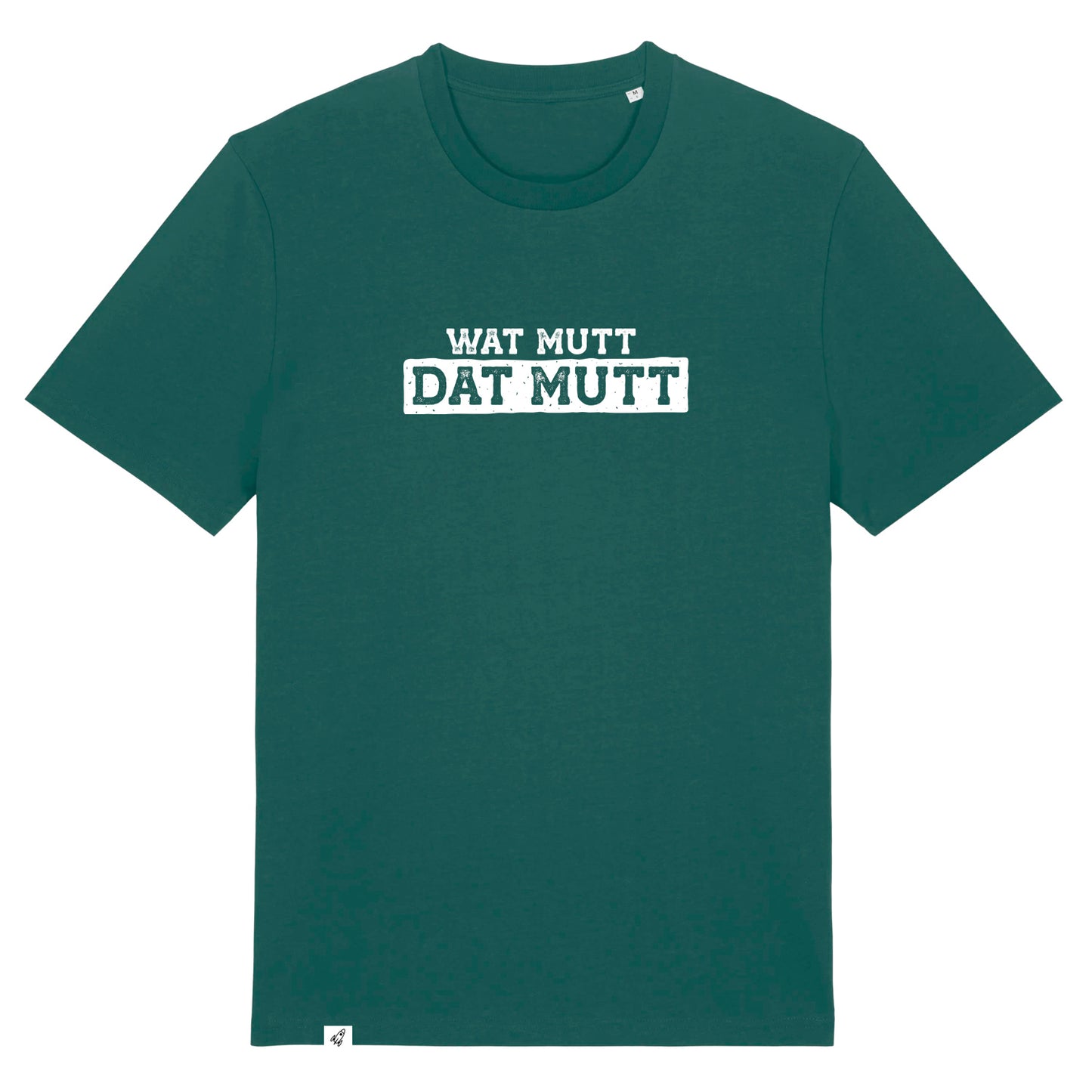 Grünes Unisex T-Shirt mit Rundhalsausschnitt. Auf der Brust steht in weiß der Spruch Wat mutt dat mutt. Die Farbe vom T-Shirt heißt Glazed Green.