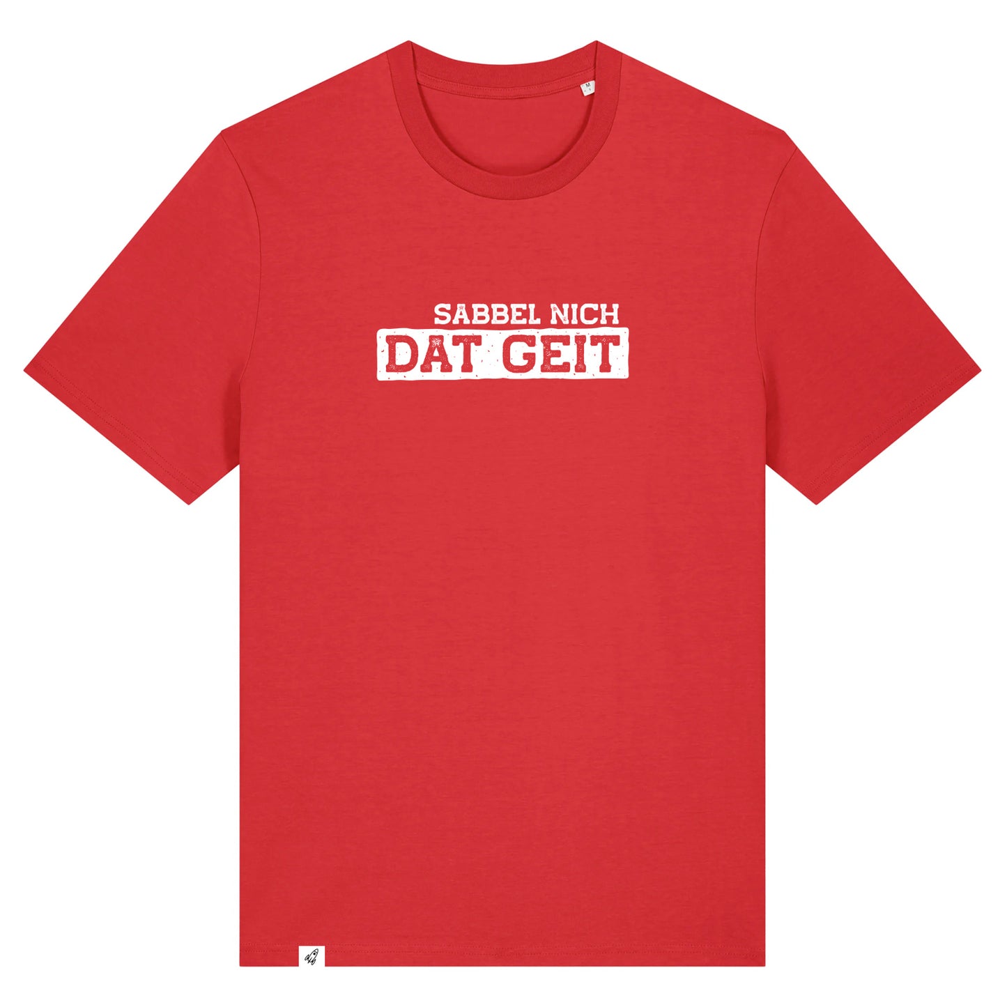 Rotes Unisex T-Shirt mit Rundhalsausschnitt. Auf der Brust steht in weiß der Spruch Sabbel nich dat geit. Die Farbe vom T-Shirt heißt Red.