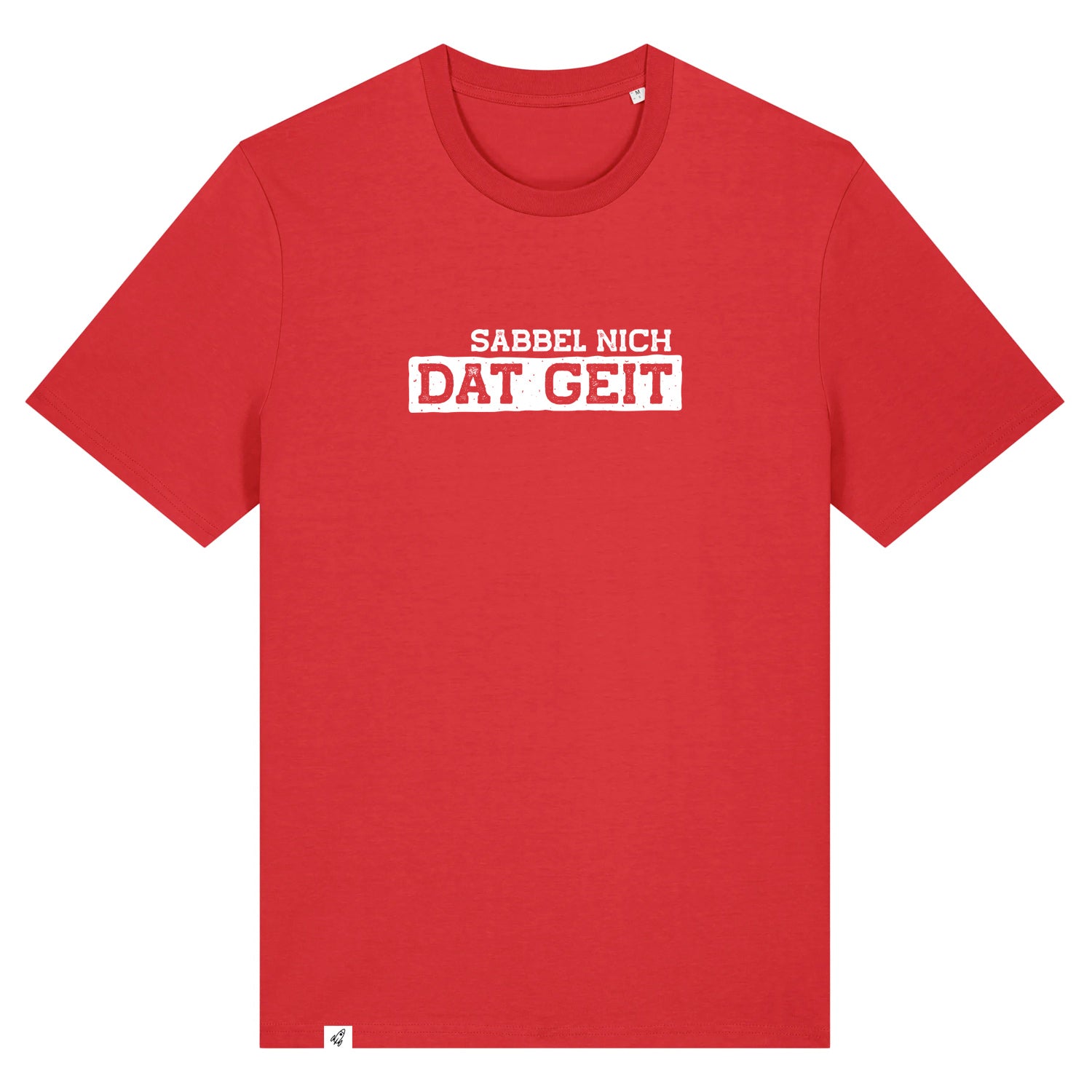 Rotes Unisex T-Shirt mit Rundhalsausschnitt. Auf der Brust steht in weiß der Spruch Sabbel nich dat geit. Die Farbe vom T-Shirt heißt Red.