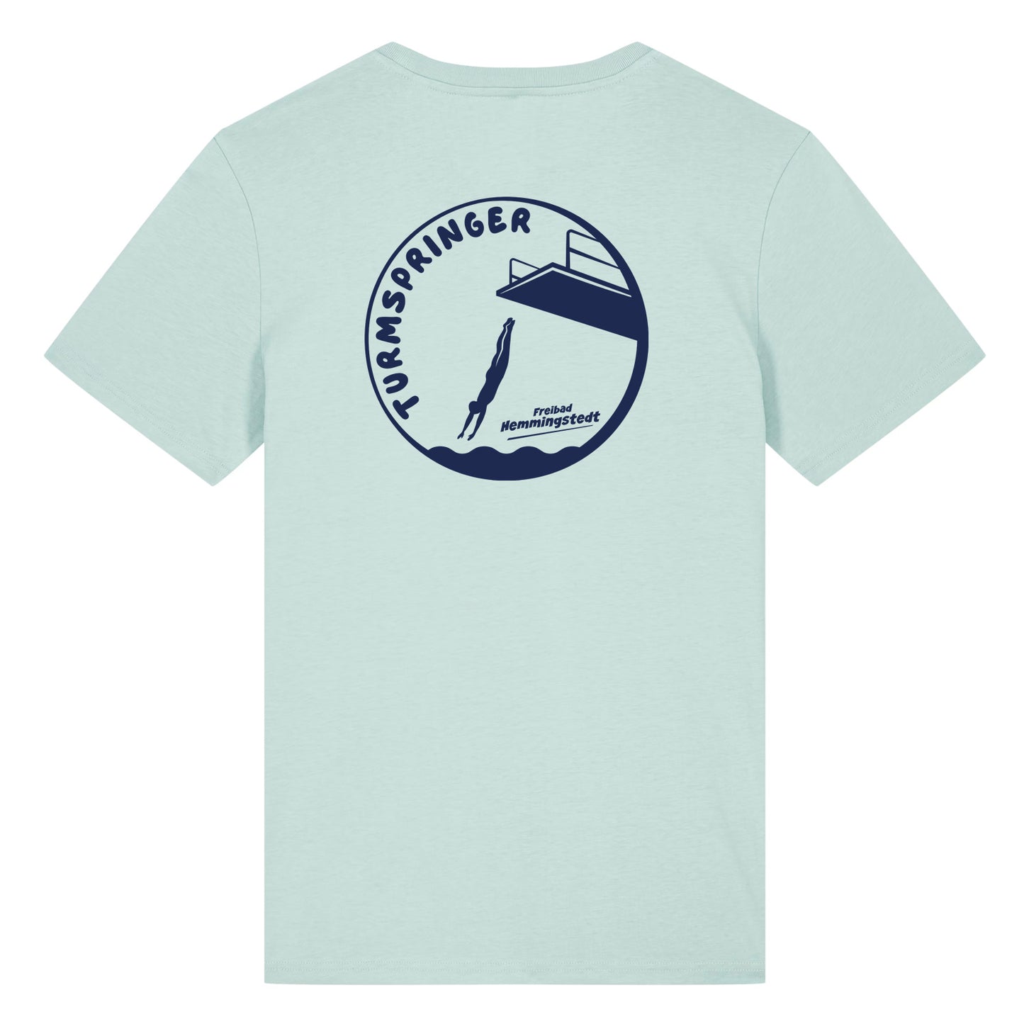 Türkisfarbiges Unisex T-Shirt mit Rundhalsausschnitt. Auf dem Rücken ist das Motiv Turmspringer vom Freibad Hemmingstedt zu sehen. 
