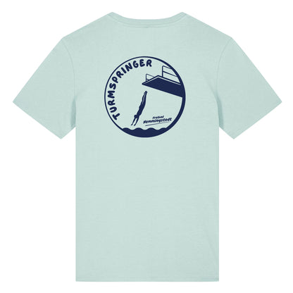 Türkisfarbiges Unisex T-Shirt mit Rundhalsausschnitt. Auf dem Rücken ist das Motiv Turmspringer vom Freibad Hemmingstedt zu sehen. 