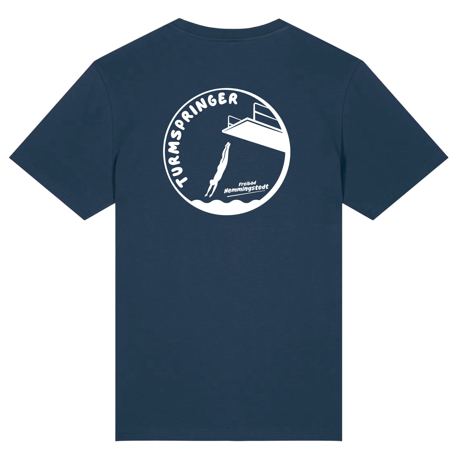 Dunkelblaues Unisex T-Shirt mit Rundhalsausschnitt. Auf dem Rücken ist das Motiv Turmspringer vom Freibad Hemmingstedt zu sehen. 