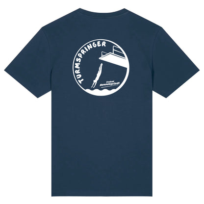 Dunkelblaues Unisex T-Shirt mit Rundhalsausschnitt. Auf dem Rücken ist das Motiv Turmspringer vom Freibad Hemmingstedt zu sehen. 