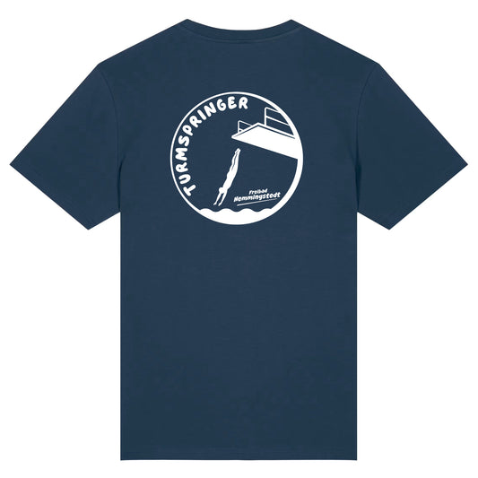 Dunkelblaues Unisex T-Shirt mit Rundhalsausschnitt. Auf dem Rücken ist das Motiv Turmspringer vom Freibad Hemmingstedt zu sehen. 
