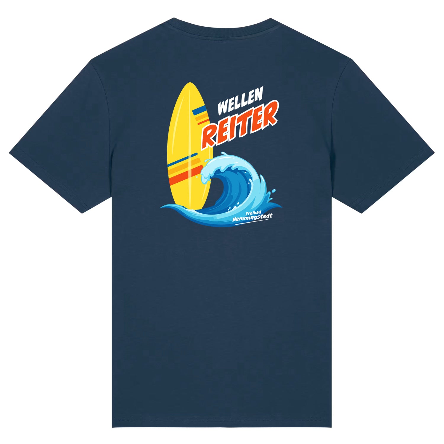Dunkelblaues Unisex T-Shirt mit Rundhalsausschnitt. Auf dem Rücken ist das Motiv Wellenreiter vom Freibad Hemmingstedt zu sehen. 