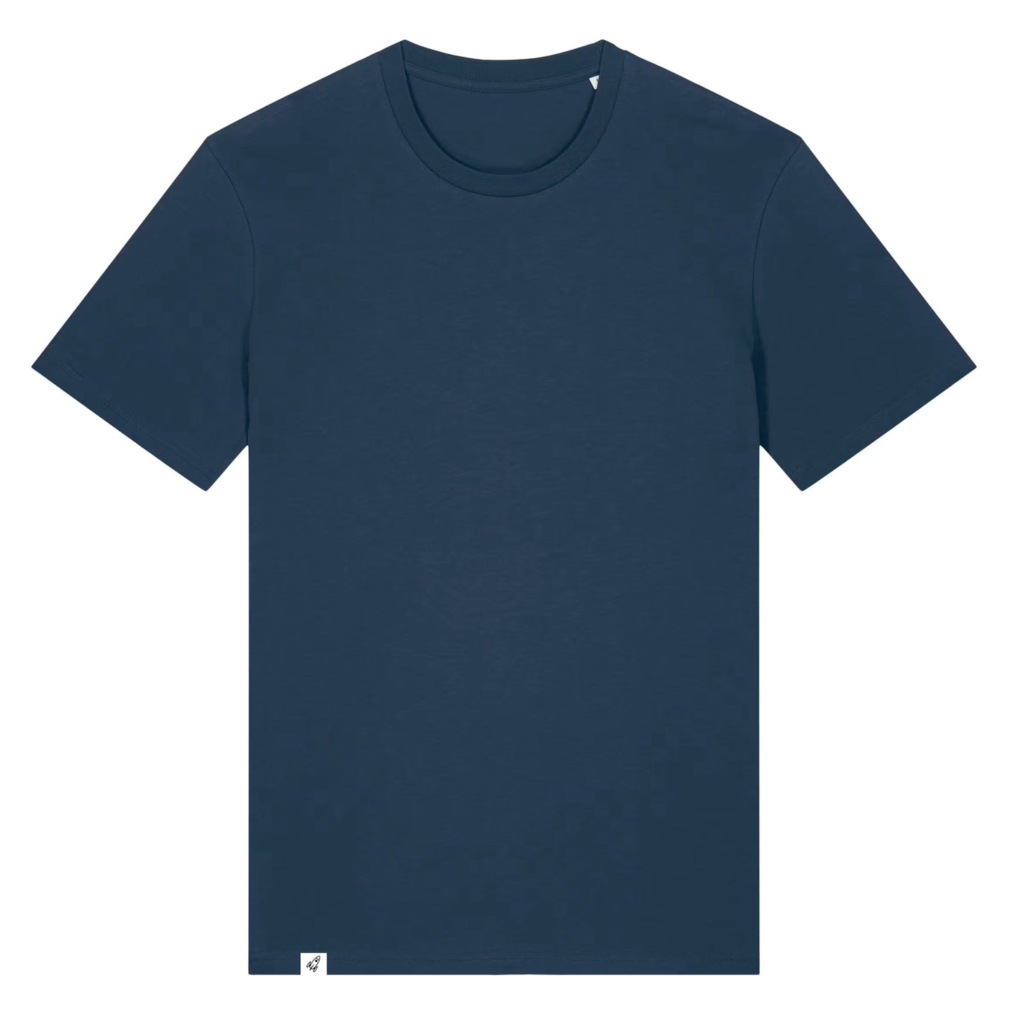Dunkelblaues Unisex T-Shirt mit Rundhalsausschnitt von Vorne ohne Motivmit Abstarten Label am Saum.