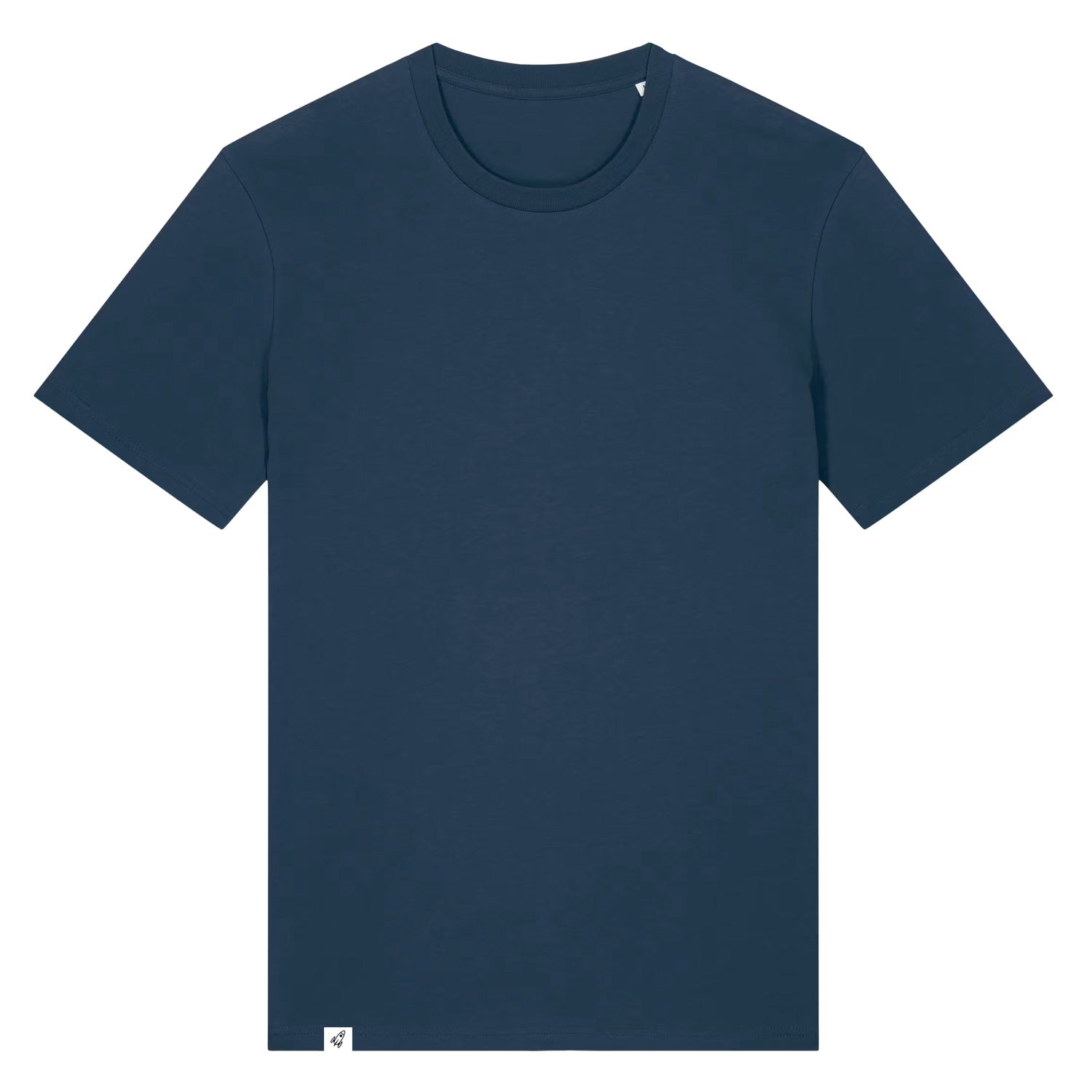Dunkelblaues Unisex T-Shirt mit Rundhalsausschnitt von Vorne ohne Motivmit Abstarten Label am Saum.