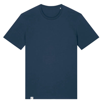 Dunkelblaues Unisex T-Shirt mit Rundhalsausschnitt von Vorne ohne Motivmit Abstarten Label am Saum.
