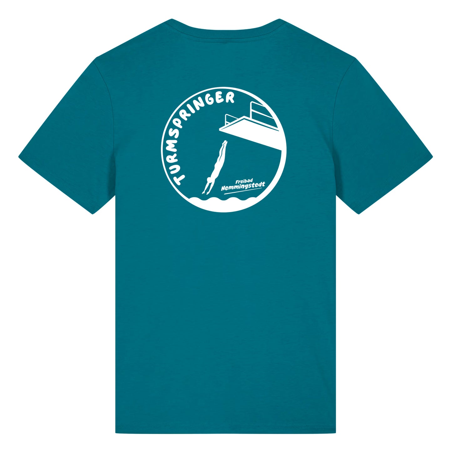 Petrolfarbiges Unisex T-Shirt mit Rundhalsausschnitt. Auf dem Rücken ist das Motiv Turmspringer vom Freibad Hemmingstedt zu sehen. 