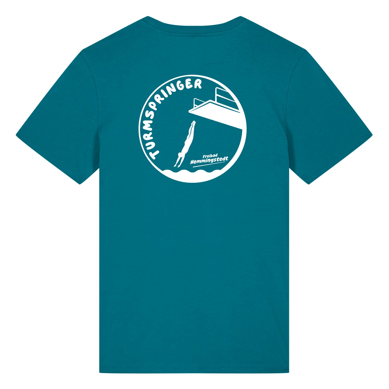 Petrolfarbiges Unisex T-Shirt mit Rundhalsausschnitt. Auf dem Rücken ist das Motiv Turmspringer vom Freibad Hemmingstedt zu sehen. 