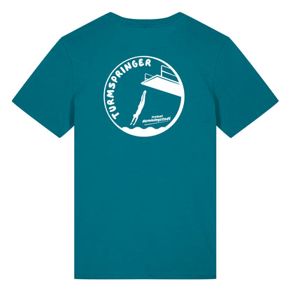 Petrolfarbiges Unisex T-Shirt mit Rundhalsausschnitt. Auf dem Rücken ist das Motiv Turmspringer vom Freibad Hemmingstedt zu sehen. 