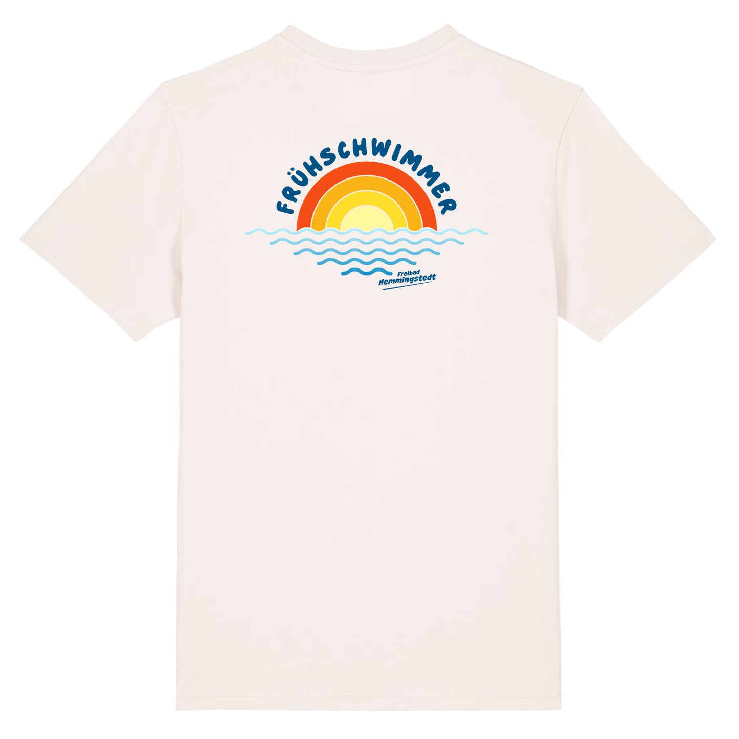 Altweißes Unisex T-Shirt mit Rundhalsausschnitt. Auf dem Rücken ist das Motiv Frühschwimmer vom Freibad Hemmingstedt zu sehen. 