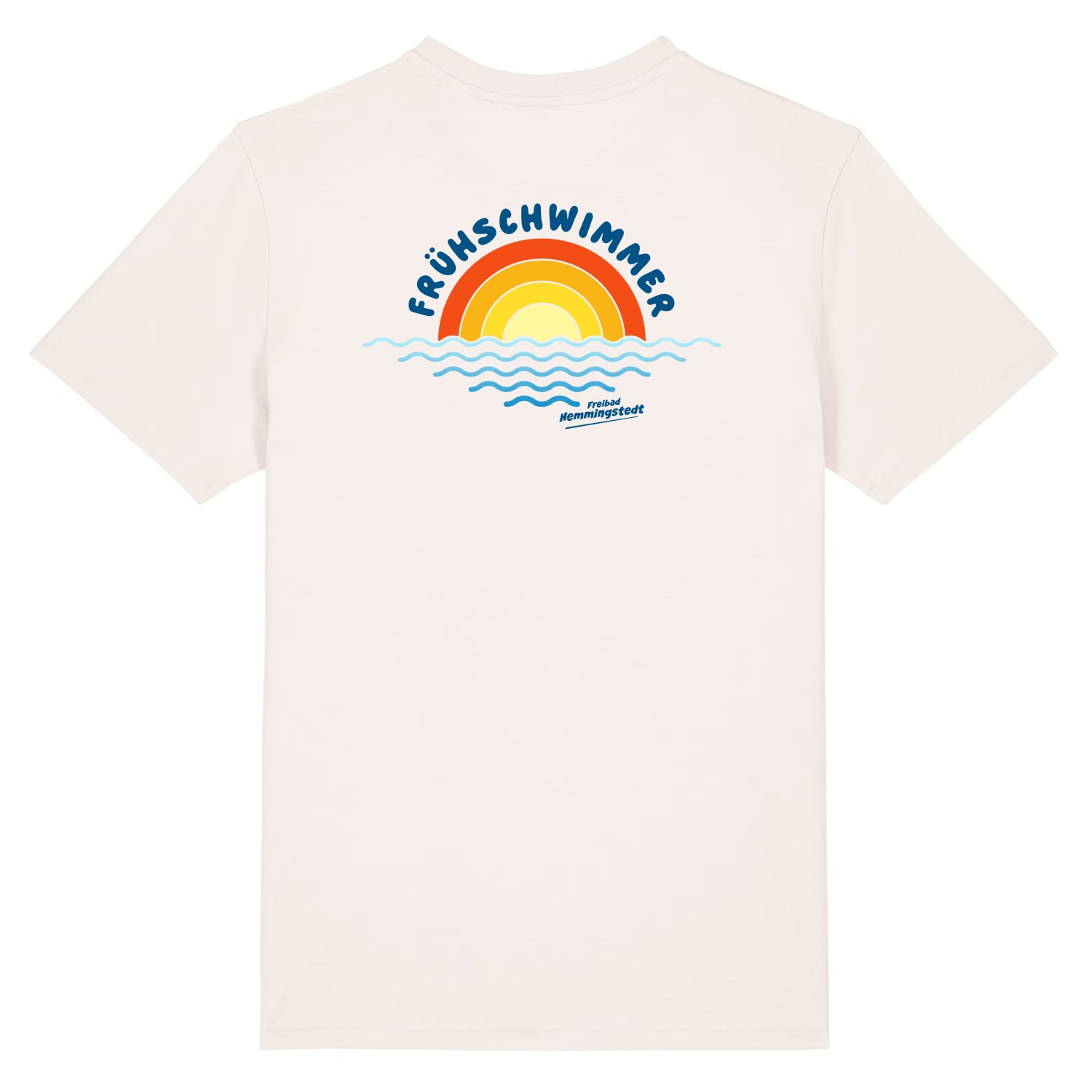 Altweißes Unisex T-Shirt mit Rundhalsausschnitt. Auf dem Rücken ist das Motiv Frühschwimmer vom Freibad Hemmingstedt zu sehen. 