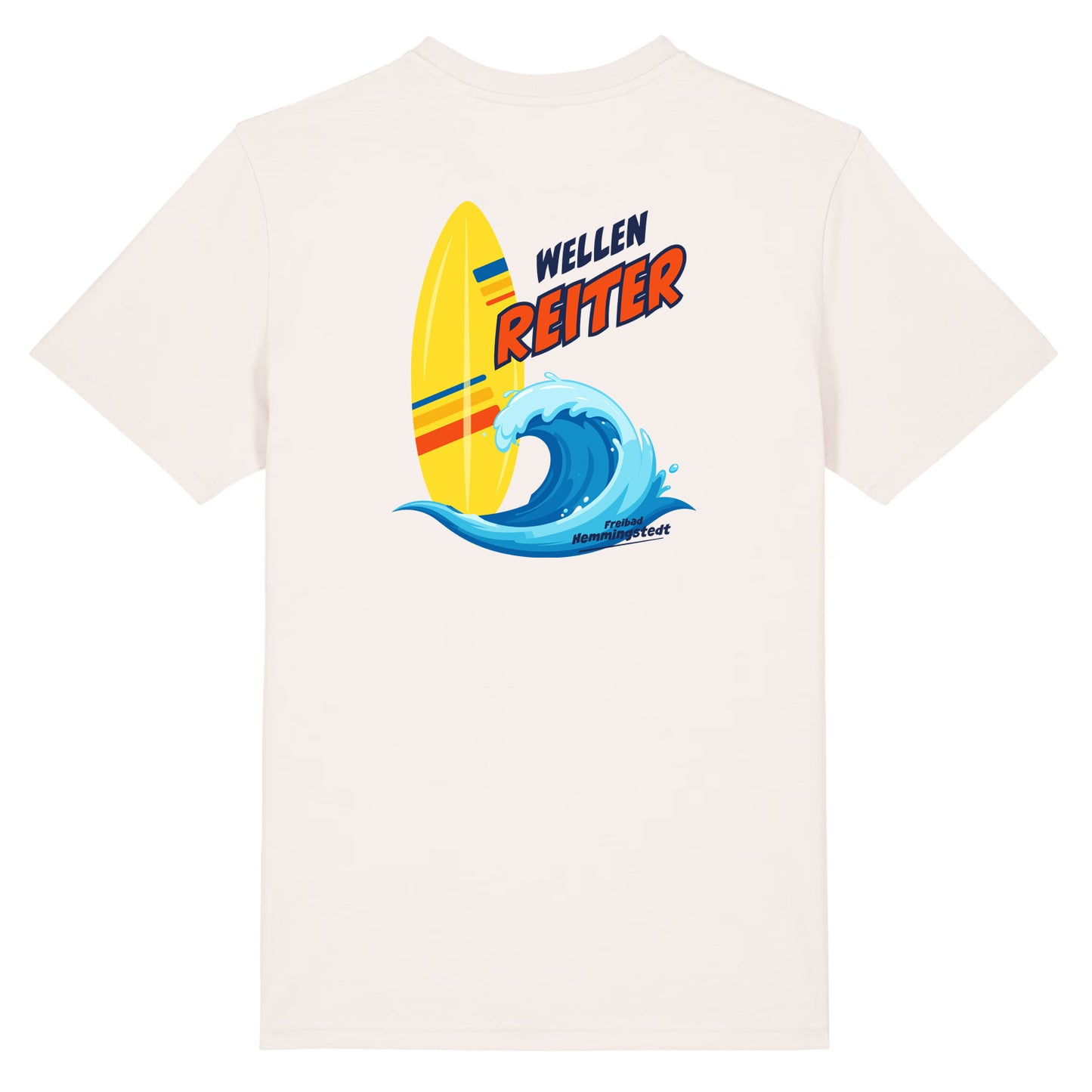 Altweißes Unisex T-Shirt mit Rundhalsausschnitt. Auf dem Rücken ist das Motiv Wellenreiter vom Freibad Hemmingstedt zu sehen. 