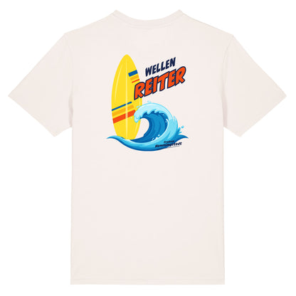 Altweißes Unisex T-Shirt mit Rundhalsausschnitt. Auf dem Rücken ist das Motiv Wellenreiter vom Freibad Hemmingstedt zu sehen. 
