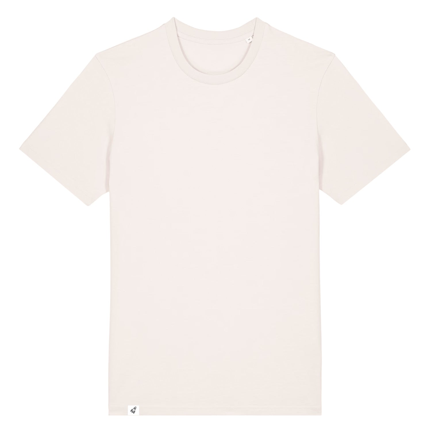 Altweißes Unisex T-Shirt mit Rundhalsausschnitt von Vorne ohne Motivmit Abstarten Label am Saum.