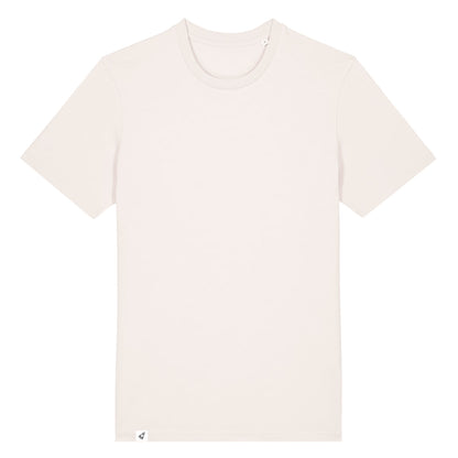 Altweißes Unisex T-Shirt mit Rundhalsausschnitt von Vorne ohne Motivmit Abstarten Label am Saum.